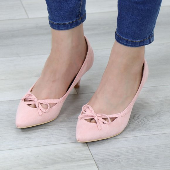 Pink Bow Vintage Style Pointed Toe Faux Suede Kitten Low Heel Shoes - Picture 2 of 13